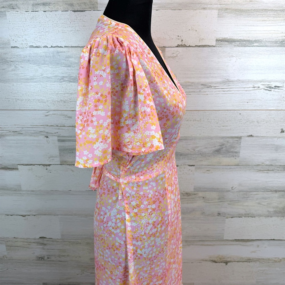 LaRoque Floral Wrap Midi Dress Pink Yellow Cottagecore Preppy Feminine Small - Picture 10 of 16